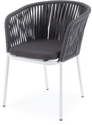 Бордо стул плетеный из роупа, каркас алюминий белый шагрень, роуп серый 15мм, ткань темно-серая 019